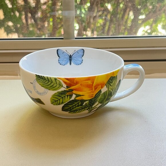 New Fringe Studio Mug Cup Yellow Rose Blue Butterfly Bird Barnes & Noble - Picture 1 of 8